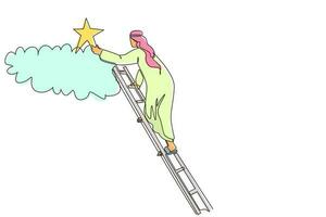 Single one line drawing Arab businessman is standing on stairs and reaching star on the sky. Goals and dreams. Business, career, achievement concept. Continuous line design graphic vector illustration