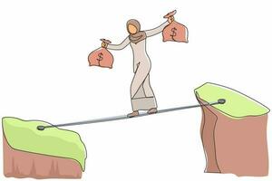 Continuous one line drawing Arab businesswoman walk over cliff gap mountain carry two money bag risking dangerous. Female walking balance on rope bridge. Single line design vector graphic illustration