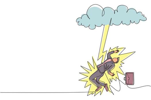 Single continuous line drawing businessman struck by lightning or thunder from dark cloud. Bad luck, misery, unfortunate, unlucky, disaster, risk, and danger. One line draw design vector illustration