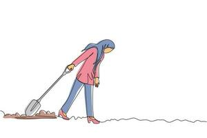 Single one line drawing Arabic businesswoman walking unsteadily leaving hole dug dragging shovel. Woman digs in tunnel trying to get to goal. She gave up, stopped trying. Continuous line design vector