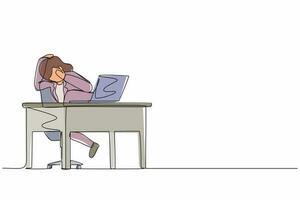 Single one line drawing scared woman manager looking at laptop computer screen. Shocked girl watching video on her notebook computer at home. Continuous line draw design graphic vector illustration