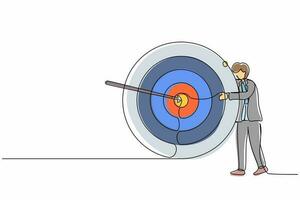 Single one line drawing businessman hugs and stands next to circle of target, arrow that hit target right in middle and analyze result of achievement within company. Continuous line draw design vector