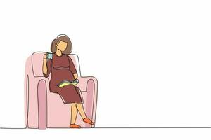 Single continuous line drawing pregnant young woman sitting on sofa, reading book and drinking tea. Cozy evening with hot drink. Outside the winter. One line draw graphic design vector illustration