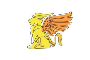 Single one line drawing winged lion logos, fantasy creatures, fantasy beasts, mythical creatures, griffin, premium business template. Modern continuous line draw design graphic vector illustration