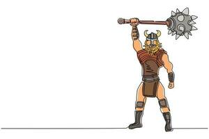 dibujo de una sola línea continua hombre nórdico sosteniendo una maza en el aire. vector de guerrero con armadura de guerra vikinga. personaje de la mitología pagana y escandinava. ilustración de diseño de dibujo de una línea