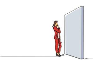 mujer de negocios de dibujo de una sola línea continua pensando frente a un gran obstáculo o pared. Resumen que representa la gestión de riesgos. encontrar solución y concepto de resolución de problemas. vector de diseño de dibujo de una línea