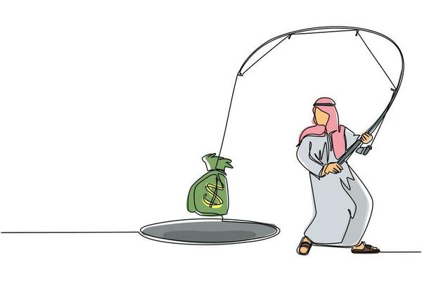 Single continuous line drawing Arabian businessman holding fishing rod got  big money bag from hole. Man catching money bag with fishing rod. Business  concept. One line draw design vector illustration 23684789 Vector