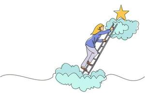 Continuous one line drawing Arab businesswoman climbing ladder to reach out for stars. Businesswoman climbing to goal. Motivation to be success, winner, finish, win. Single line design vector graphic