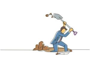 Single continuous line drawing businessman digging in dirt using shovel. Man in suit dig ground with spade. Treasure digging, growth wealth concept lucky rich man. One line draw graphic design vector