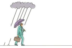 Single one line drawing businessman with briefcase and umbrella stand under rain cloud. Depression, passerby at rainy weather. Drenched man, water pour from sky. Continuous line graphic design vector