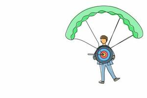 Single one line drawing businessman holding target with arrow in bullseye and jumping with parachute. Achievement and success. Business target concept. Continuous line draw design vector illustration