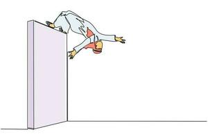 Continuous one line drawing Arabic businessman jumping over brick wall with acrobatic over head style to achieve his goal. Businessman jumping over the wall of barriers. Single line draw design vector