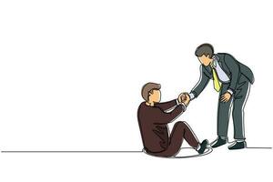 Single one line drawing businessman helping his friend by take him out from hole. Two men one of whom helps another. Business struggles. Modern continuous line draw design graphic vector illustration