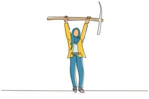 Single continuous line drawing Arabian businesswoman standing and lifting big pickaxe. Business concept. Depicts hard work, success, achievement, discovery. One line graphic design vector illustration