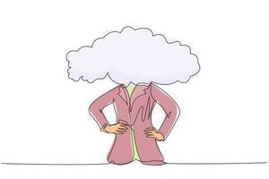 Single continuous line drawing cloud head businesswoman. Woman with empty head and cloud instead. Distracted, daydreaming, absent, impractical concept. One line draw graphic design vector illustration