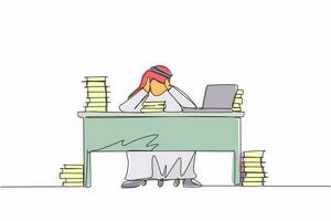 Single continuous line drawing stressed Arab businessman throwing tantrum in office holding his hands to his head shouting while seated at desk surrounded by files. One line draw graphic design vector