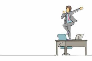 Continuous one line drawing happy office worker dancing on desk. Young businessman dancing while sitting at desk. Having fun at work. Work from home concept. Single line draw design vector graphic