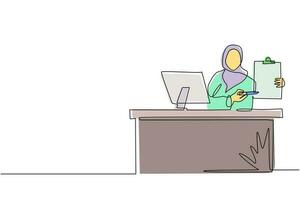 Single continuous line drawing smiling banking clerk showing bank credit, loan contract or mortgage agreement sitting at desk with computer. Arabian businesswoman lender. One line draw design vector