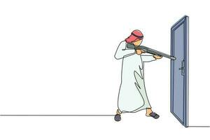 Single one line drawing Arabic businessman pointing shotgun at doorknob. Business breakthrough struggle. The power to succeed. Open closed door. Continuous line draw design graphic vector illustration