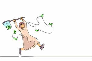 Continuous one line drawing Arab businessman trying to catch flying money with butterfly net. Running entrepreneur man using business opportunity to scoop dollar bills. Single line draw design vector