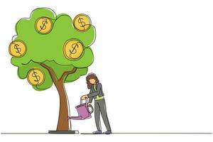 Single one line drawing business investment with money tree illustration. Woman watering tree with coins dollar symbols. Business development, profit growth. Continuous line draw design graphic vector