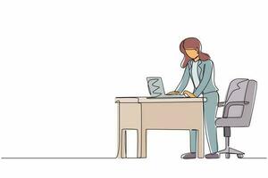 Single continuous line drawing woman employee working at ergonomic workstation. Office furniture with computer and laptop. Female standing on foot rest behind desk. One line draw graphic design vector