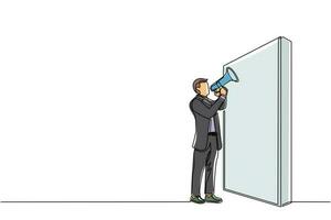 Continuous one line drawing businessman holding megaphone standing in front of wall. Man shouts on megaphone. Leader announces career promotions. Single line draw design vector graphic illustration