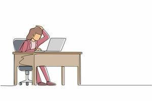 Single continuous line drawing female manager working on computer laptop. Woman with question mark over head scratches back of her head sitting in front of laptop. One line draw graphic design vector