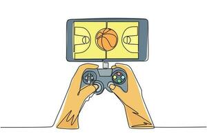 teléfono inteligente de dibujo de una sola línea conectado con gamepad y jugando juegos de baloncesto. baloncesto móvil. partido de juego de deportes electrónicos móviles. ilustración de vector gráfico de diseño de dibujo de línea continua moderna