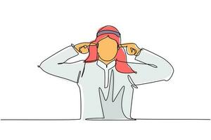 Single one line drawing young Arabian man covering ears with fingers with annoyed expression for noise of loud sound or music while eyes closed. Continuous line draw design graphic vector illustration