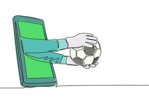 Single one line drawing goalkeeper hand holds soccer ball through mobile. Concept for online games, sports broadcasts. Smartphone with app soccer football. Continuous line draw design vector graphic