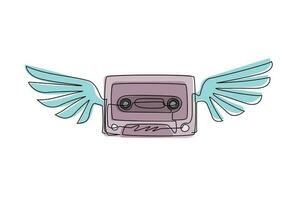 Single one line drawing retro cassette with wings sticker icon. Cassette tape music angel wing fly logo template. Cassette angel with wings and flat style. Continuous line draw design graphic vector