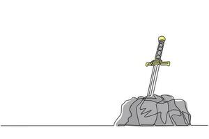 Continuous one line drawing Excalibur sword stuck or trapped in stone. Iconic scene from medieval European stories about King Arthur. Antique blade stuck in stone rock. Single line draw design vector