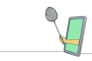 Single one line drawing player hand holds badminton racket through mobile phone. Smartphone with badminton games app. Mobile sports stream championship. Continuous line draw design graphic vector