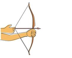 Continuous one line drawing hand holding bow arrow aiming ready to shooting target. Traditional wooden bow archery sport. Archery equipment with arrow isolated. Single line draw design vector graphic