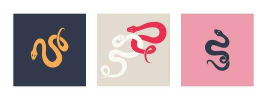 Set of graphic elements of cute twisted colorful snakes. Multi-colored serpents on contrasting backgrounds. Vector isolated illustration for design.