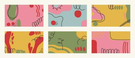 Set of vector abstract backgrounds 16x9. Modern trendy illustrations in doodle style. Multicolor hand drawn spots and lines.