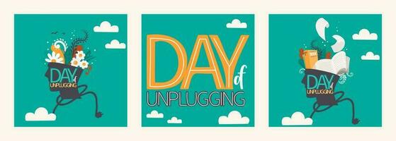 Day of Unplugging. Set of vector illustrations and lettering. Human head with books inside. Human head with flowers growing inside. Digital detox. Vector multicolor illustration isolate.