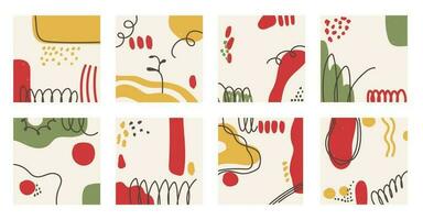 Set of vector abstract square backgrounds. Modern trendy illustrations in doodle style. Multicolor hand drawn spots and lines.