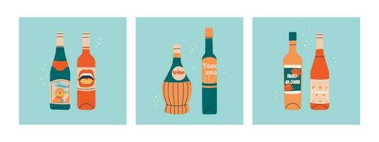 Set of vector flat bottles of wine. Labels with the names of wine-producing regions - Mendoza, Rioja, Tuscany, Ribera del Duero, Provence. Illustration for bar or restaurant menu design.