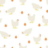 Seamless pattern with hens and eggs on white background. White chickens repeating print. vector