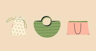 conjunto de linda reutilizable compras bolsas. bolsa para frutas y vegetales. Respetuoso del medio ambiente compras bolsa. No el plastico y un cero residuos concepto. vector aislado dibujos animados ilustraciones.