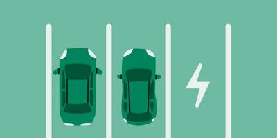 Electric car parking. Two eco cars on parking place for charging, a top view. Vector illustration EPS 10