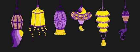 Set of various Indian lanterns. Hand painted holiday candles and lights. Asian decorative objects. Vector violet-yellow elements isolated on black background.