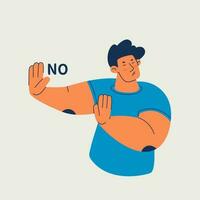 Young man, cute guy with his hands shows rejection or stop. Moving away hands showing refusal and denial with afraid and disgusting expression. Vector isolated illustration.