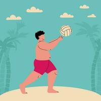 Plump man in swimming trunks plays ball. Beach volleyball. Funny flat vector illustration. Fat man at beach with palm trees and clouds. Sport of big people.