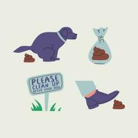 Set of illustrations calling for cleaning up after your pet. Cute dog poops, a foot steps on a poop, a garbage bag. Sign says please clean up after your dog. vector