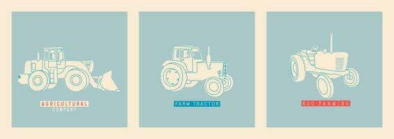 Set of vector illustrations of tractors. Simple flat, retro style. Tractor, hay harvester, harvester, agrimotor. Modern and outdated models of vehicles for agro farms. Agricultural business element.