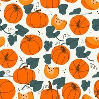 Vector seamless pattern with pumpkin fruits, slices and leaves. Hand drawing autumn background. For design, print, textile, paper.