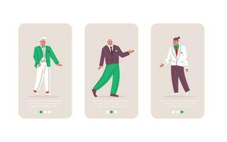 Set of screens for mobile application. Men in suits with tie or bow tie. A young and old man in elegant clothes. Wedding or festive themes. Vector flat illustration.